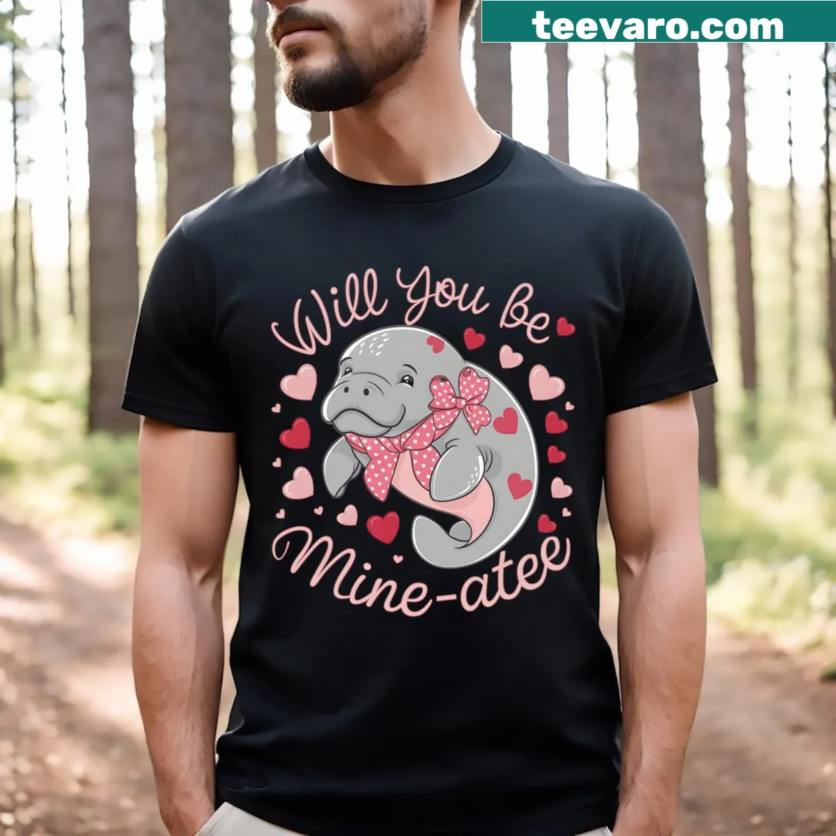 Cute manatee surrounded by hearts on Valentine's tee — on a men's t-shirt