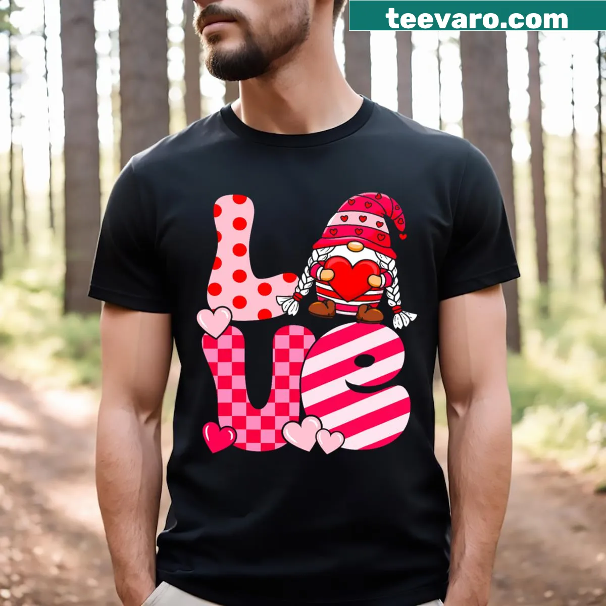Funny gnome-themed Valentine's Day T-shirt with hearts — on a men's t-shirt