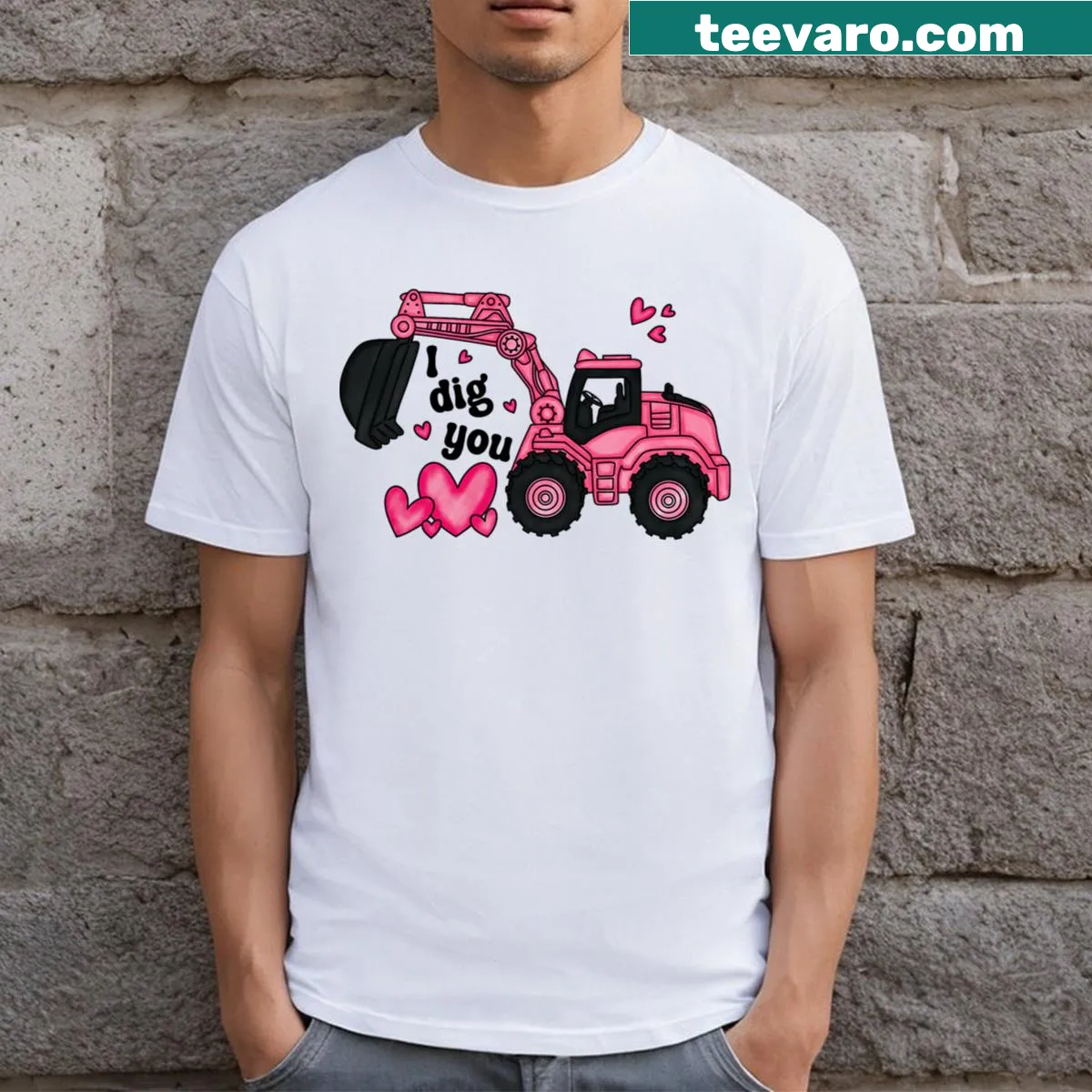 Cute Valentine's Day shirt for toddlers with an excavator and heart — on a men's t-shirt