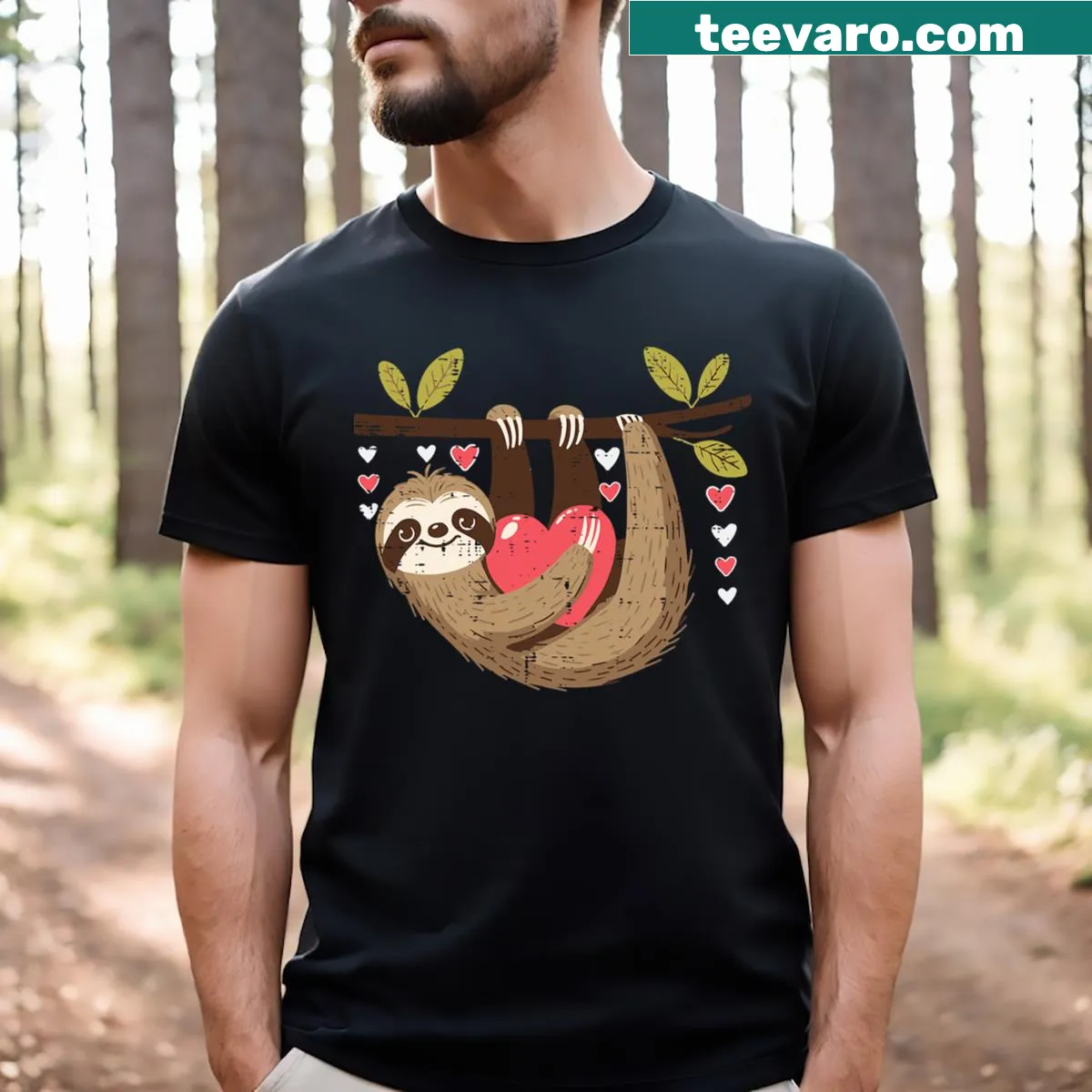 Illustrated sloth hanging from a branch with hearts for Valentine's Day — on a men's t-shirt