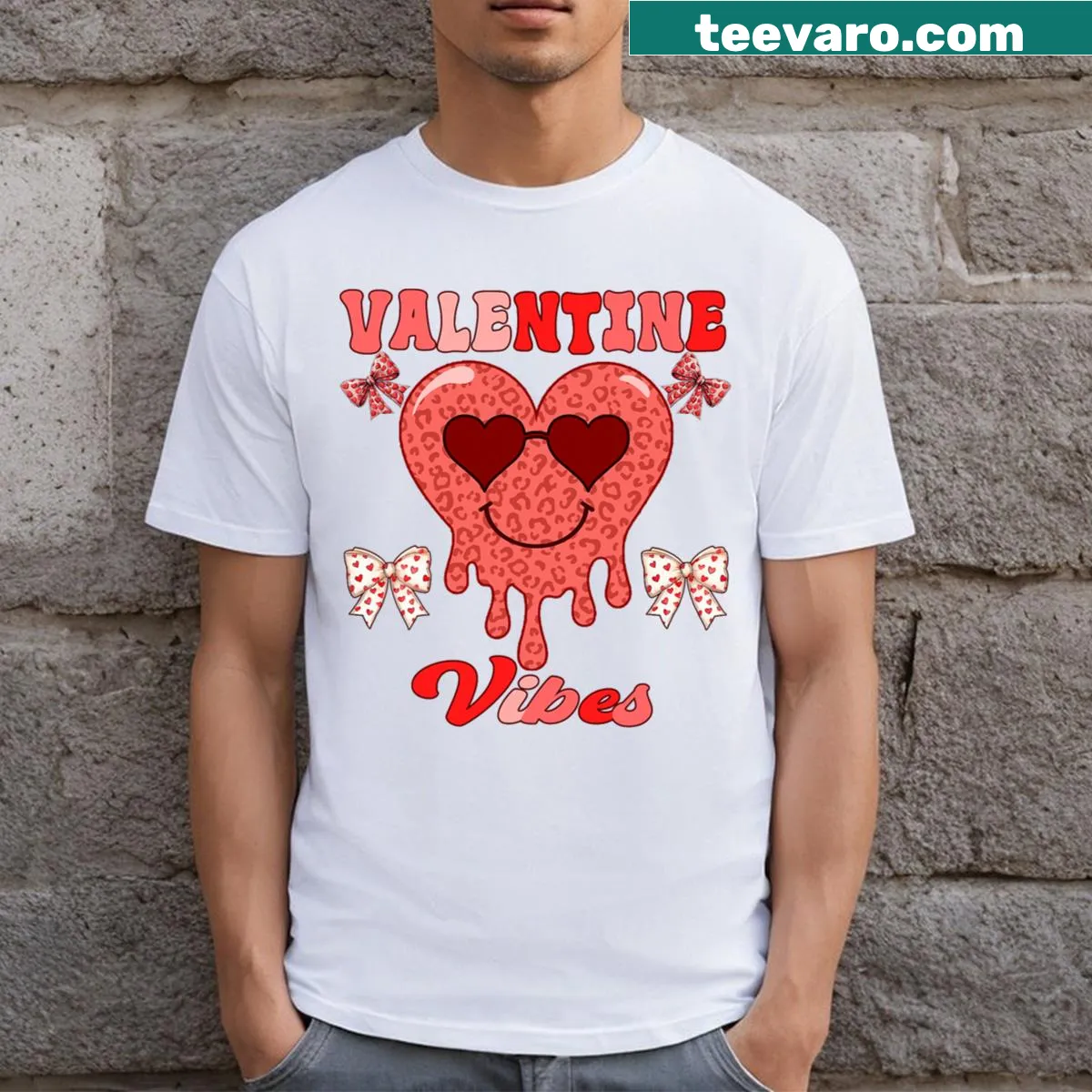 Cartoon t-shirt for kids featuring melting heart with leopard print for Valentine's Day — on a men's t-shirt