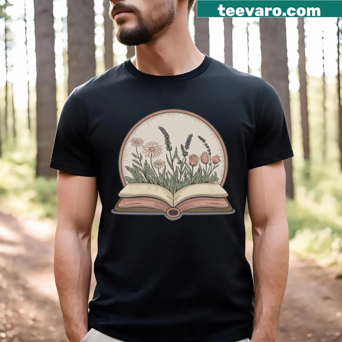 Vintage t-shirt featuring floral designs and book graphics — on a men's t-shirt