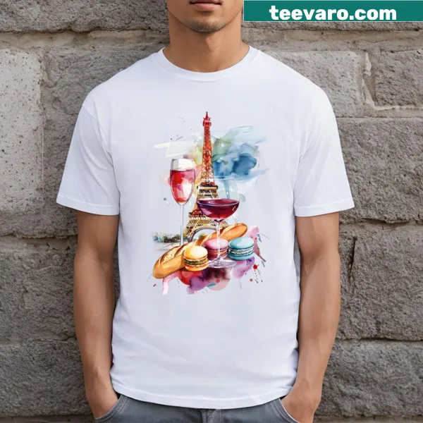 Watercolor design featuring the Eiffel Tower and French treats