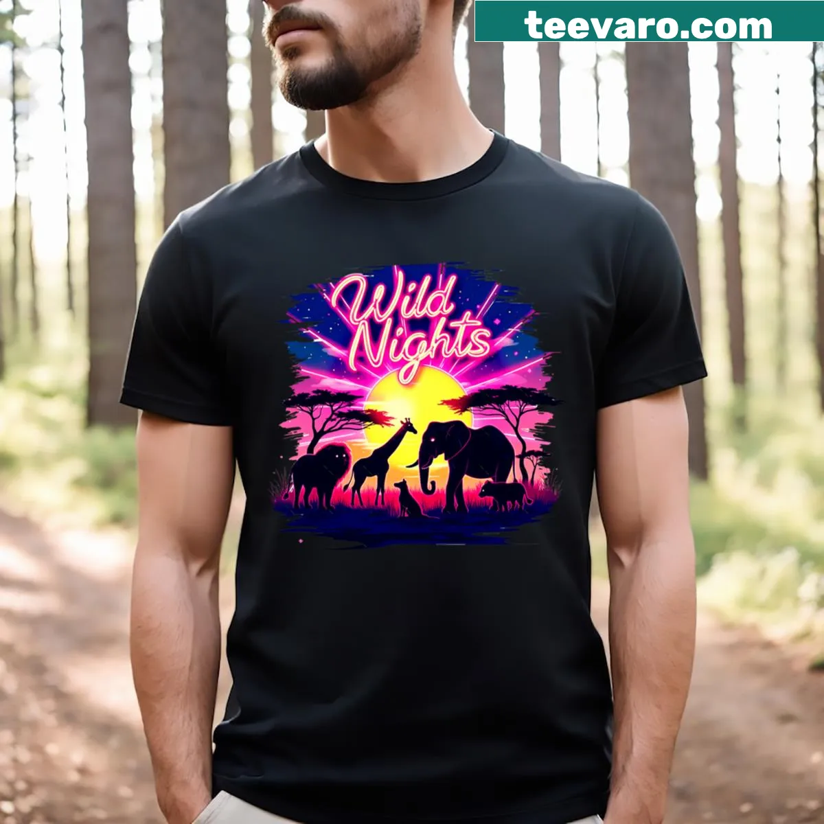 Illustrated safari sunset T-shirt showcasing silhouettes of wildlife — on a men's t-shirt
