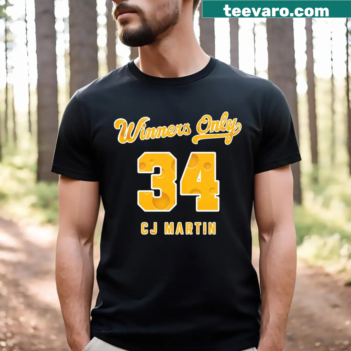 CJ Martin jersey tee with 'Winners Only' slogan graphic — on a men's t-shirt