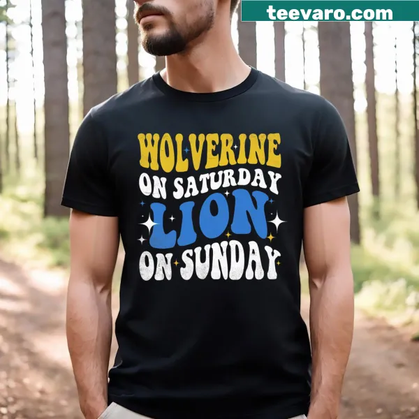 Funny graphic T-shirt featuring Wolverine and Lion designs