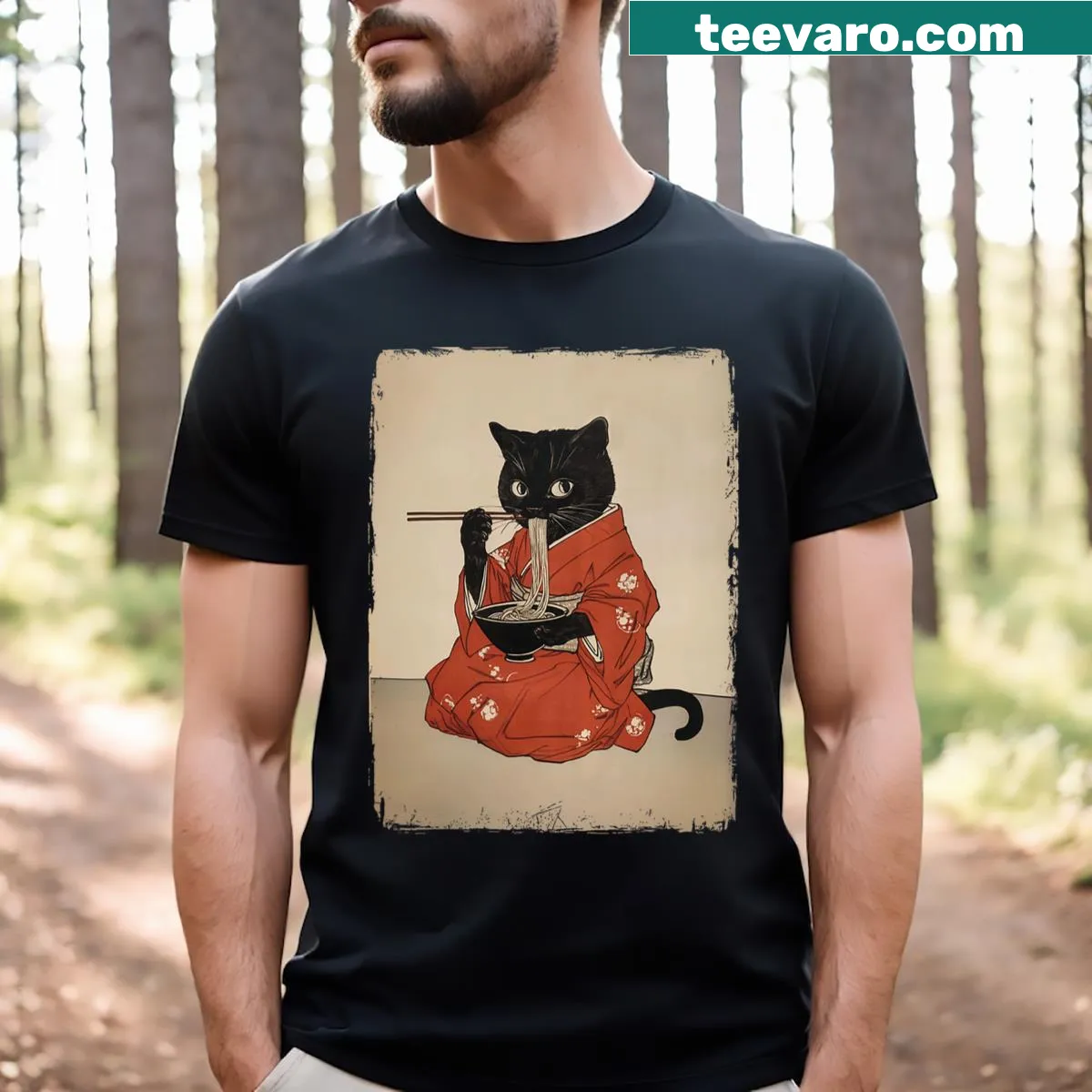 Funny anime graphic of a cat eating ramen — on a men's t-shirt
