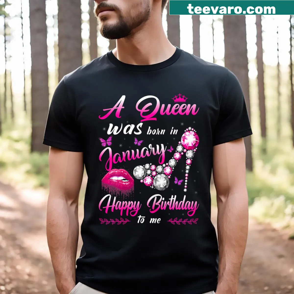 Birthday T-shirt declaring a queen was born in January — on a men's t-shirt