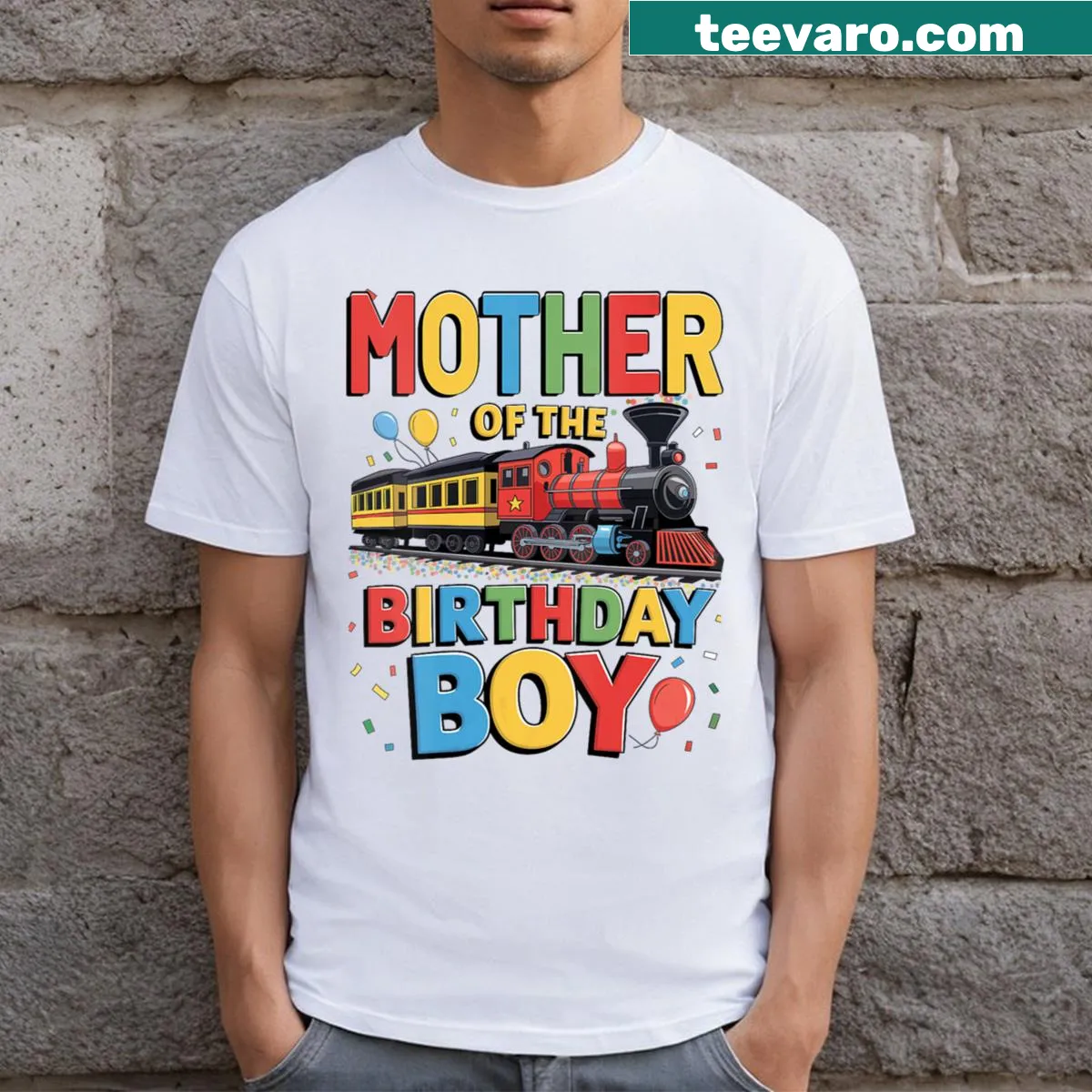 Mother of the birthday boy T-shirt with train toys graphic — on a men's t-shirt