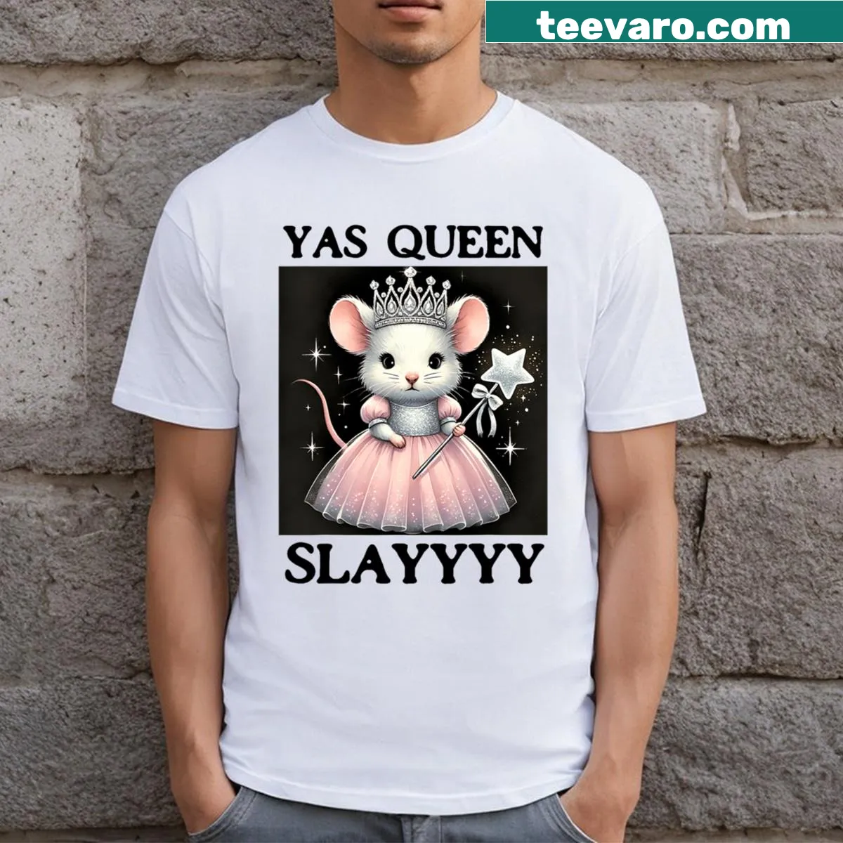 Girls T-shirt with the phrase 'Yas Queen Slay' and a rat meme design — on a men's t-shirt
