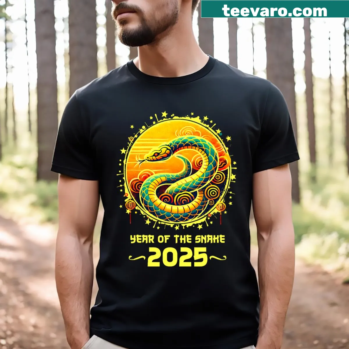 Vintage art T-shirt with a snake design representing the Year of the Snake 2025 — on a men's t-shirt