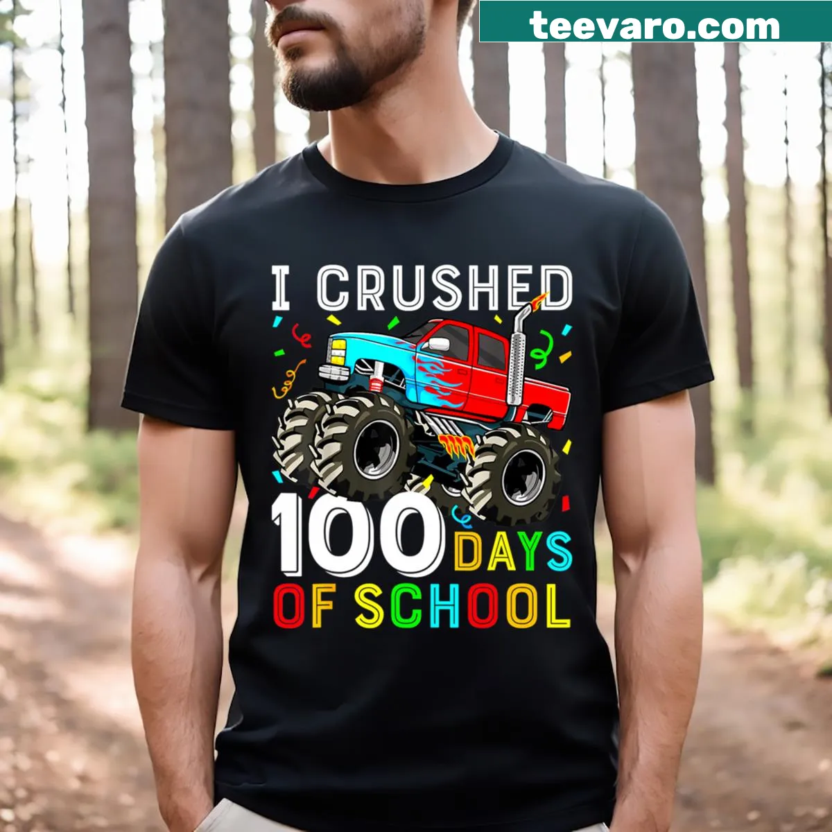 Monster truck graphic celebrating 100 days of school — on a men's t-shirt