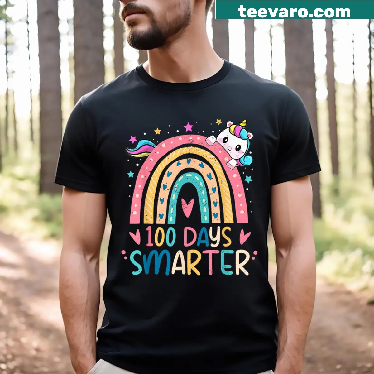 Whimsical unicorn graphic celebrating 100 days smarter for girls — on a men's t-shirt