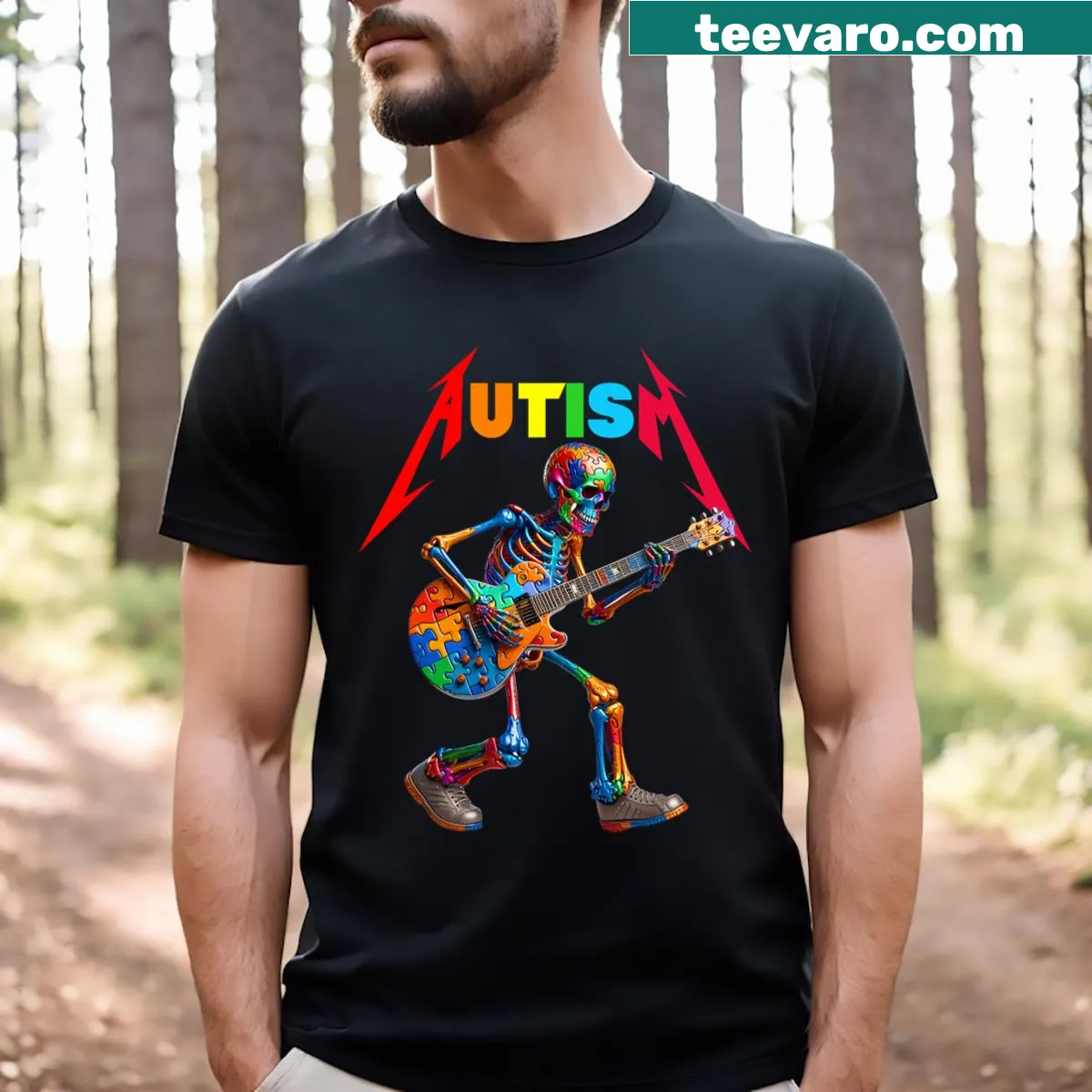 Skeleton playing guitar graphic T-shirt for autism awareness — on a men's t-shirt