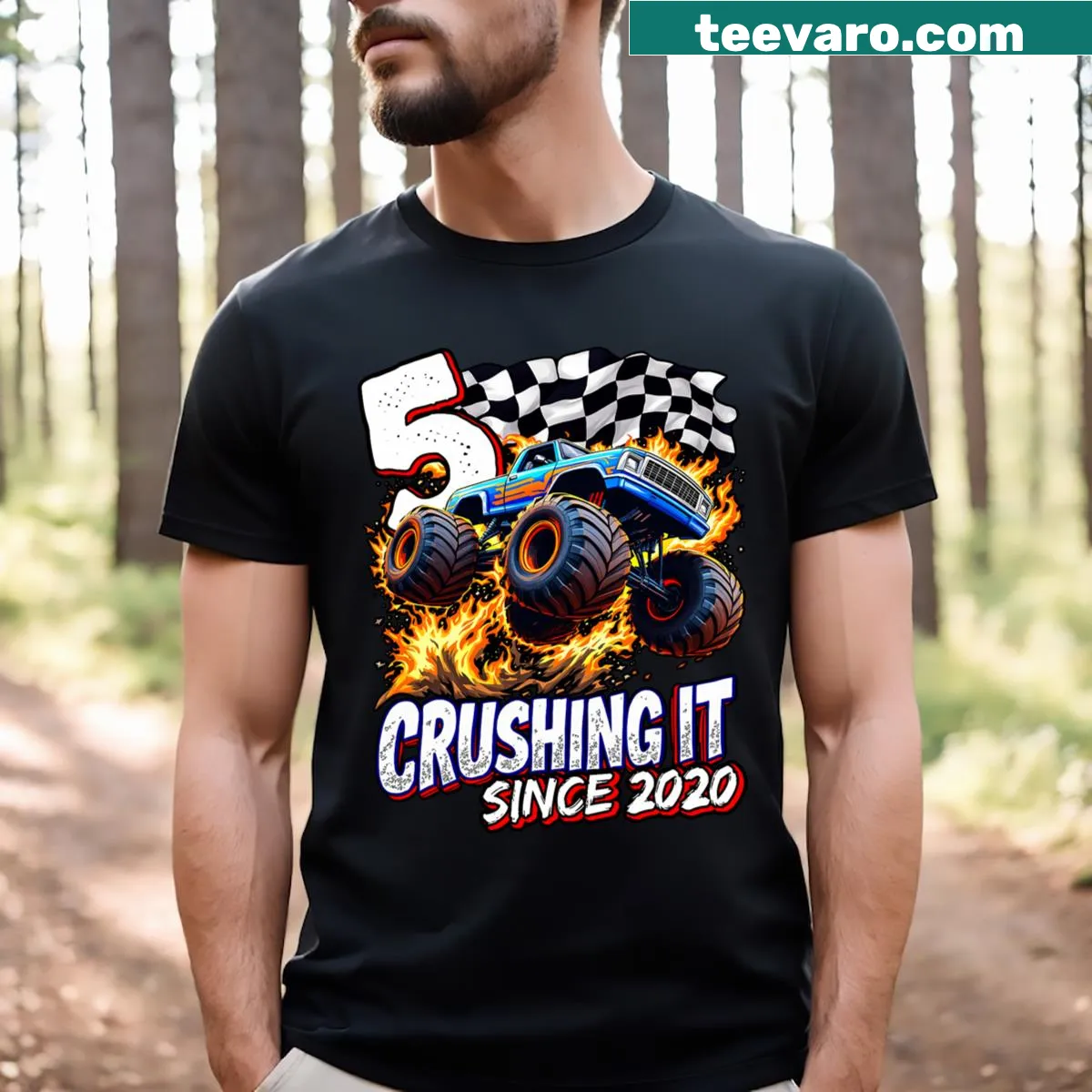 Birthday T-shirt featuring a monster truck for 5-year-old boys — on a men's t-shirt
