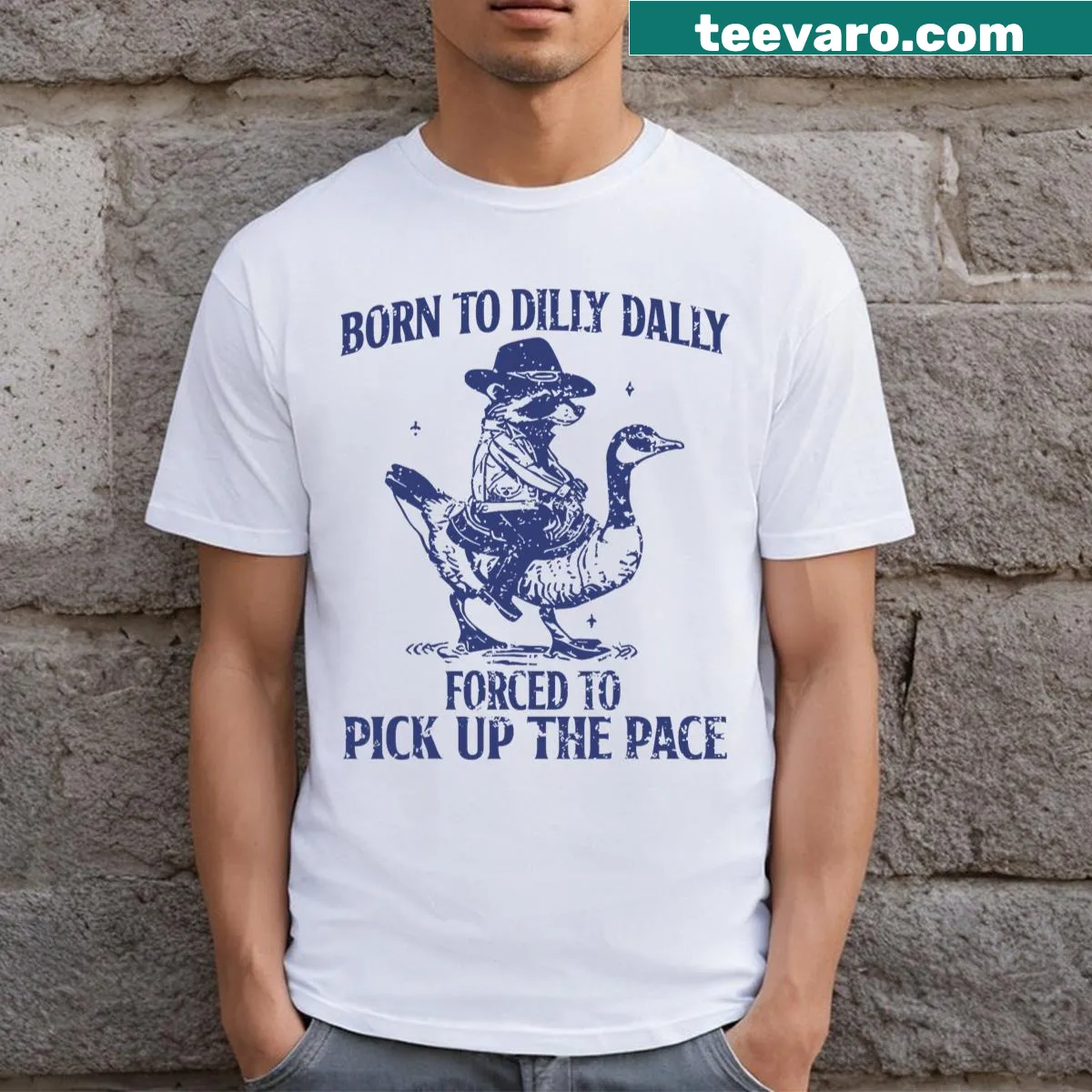 Funny T-shirt featuring goose and raccoon graphics — on a men's t-shirt