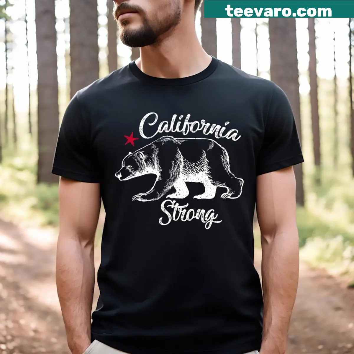 Vintage distressed California Strong t-shirt with grizzly bear graphic — on a men's t-shirt