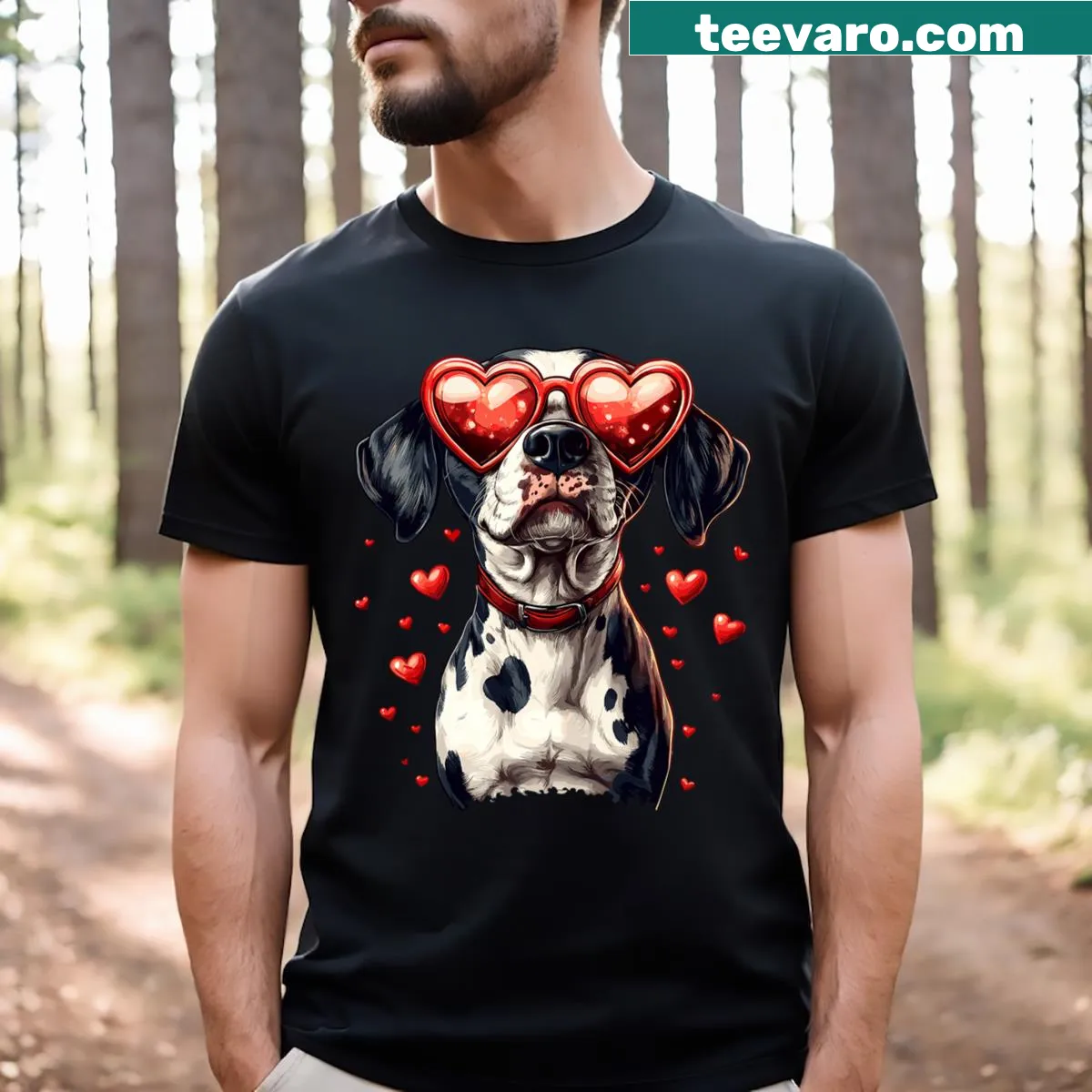 Dalmatian wearing heart-shaped glasses on a Valentine's Day t-shirt — on a men's t-shirt