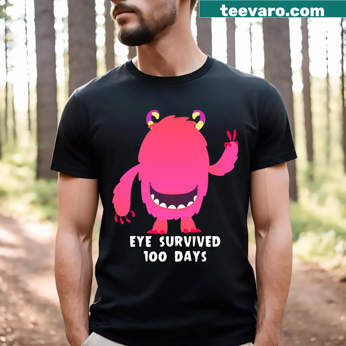 T-shirt celebrating 100 days of school with a googly eye graphic. — on a men's t-shirt
