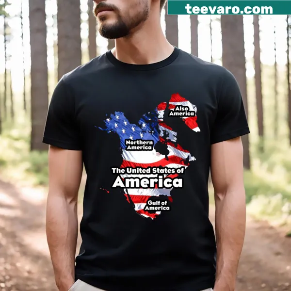 Vintage-style t-shirt showing an American flag and a map with humor.