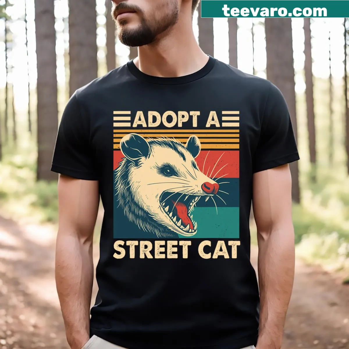 Opossum art with adoption message for street cats on T-shirt — on a men's t-shirt