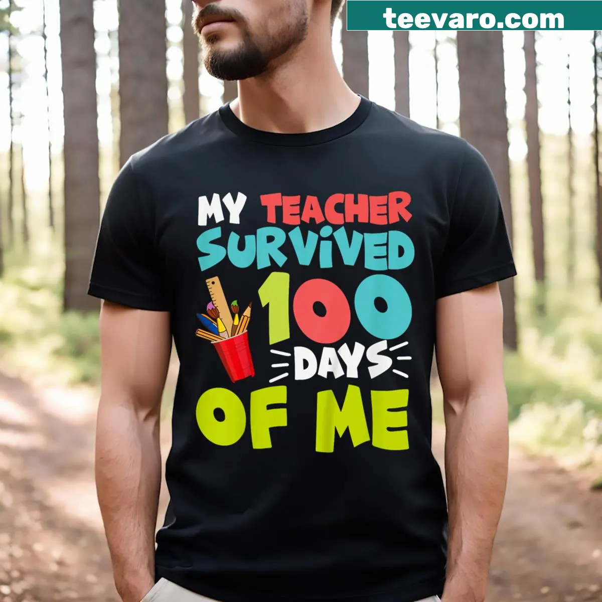 Fun t-shirt celebrating 100 days of school for kids with playful text. — on a men's t-shirt