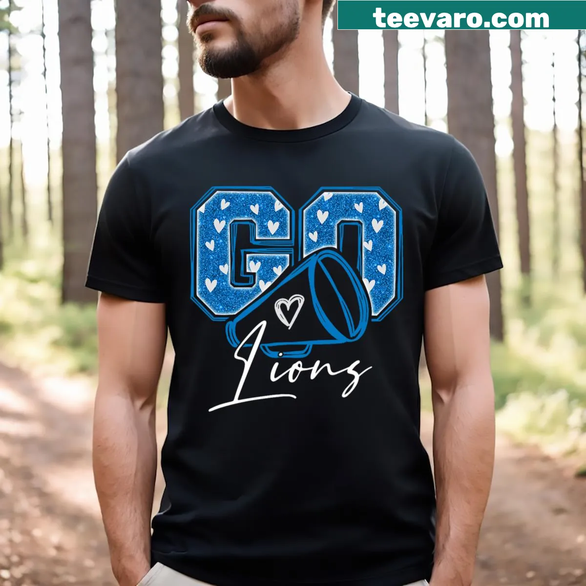 Cheerful 'Go Cheer Lions' t-shirt design for fans of all ages supporting their team. — on a men's t-shirt