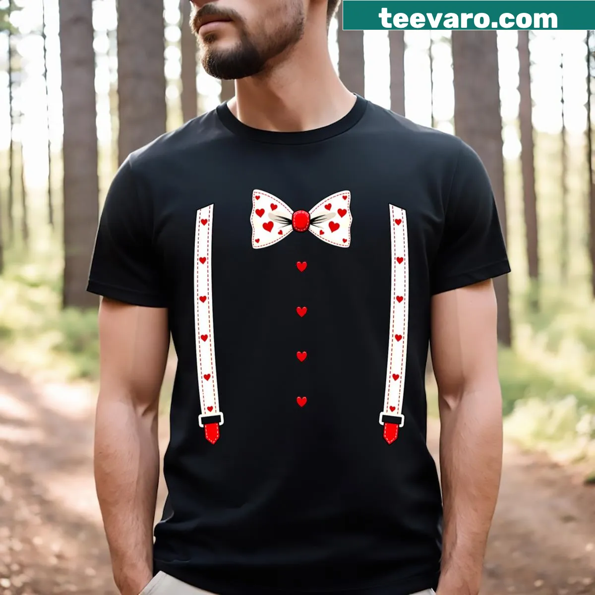 Cute Valentine's Day shirt with hearts and bow tie illustration — on a men's t-shirt