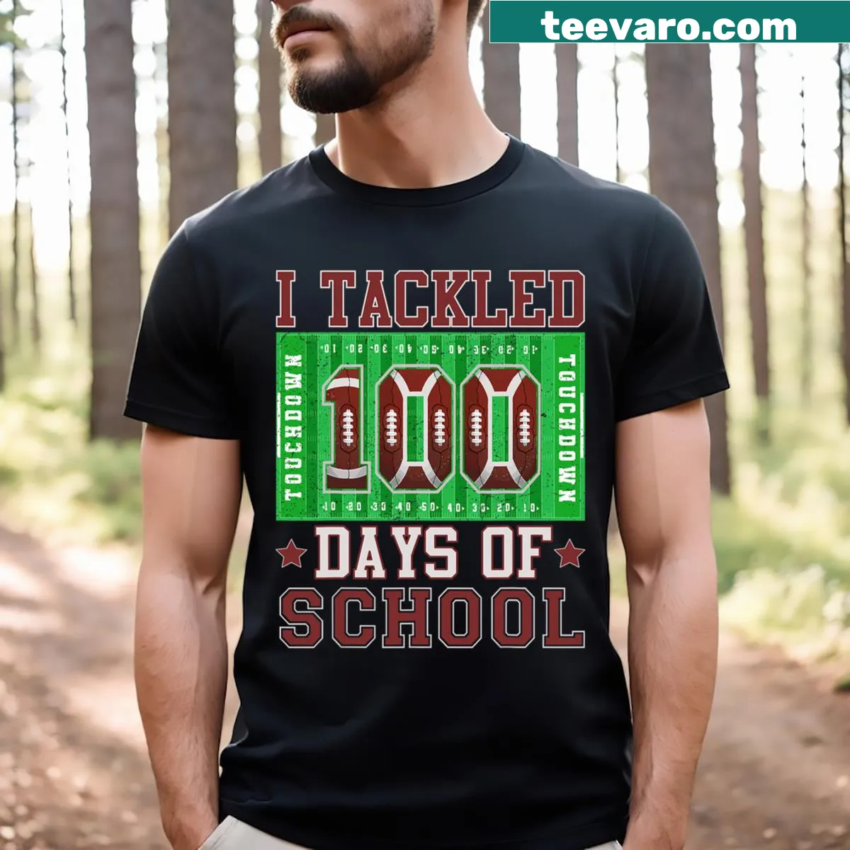 Sporty T-shirt for kids with 'I Tackled 100 Days Of School' text — on a men's t-shirt