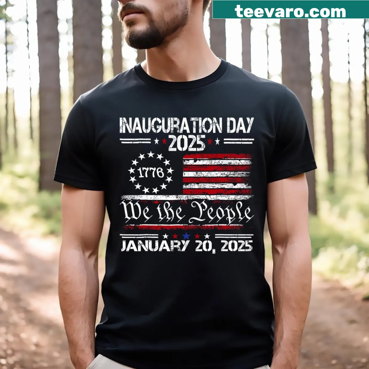 T-shirt celebrating Inauguration Day 2025 with bold text — on a men's t-shirt