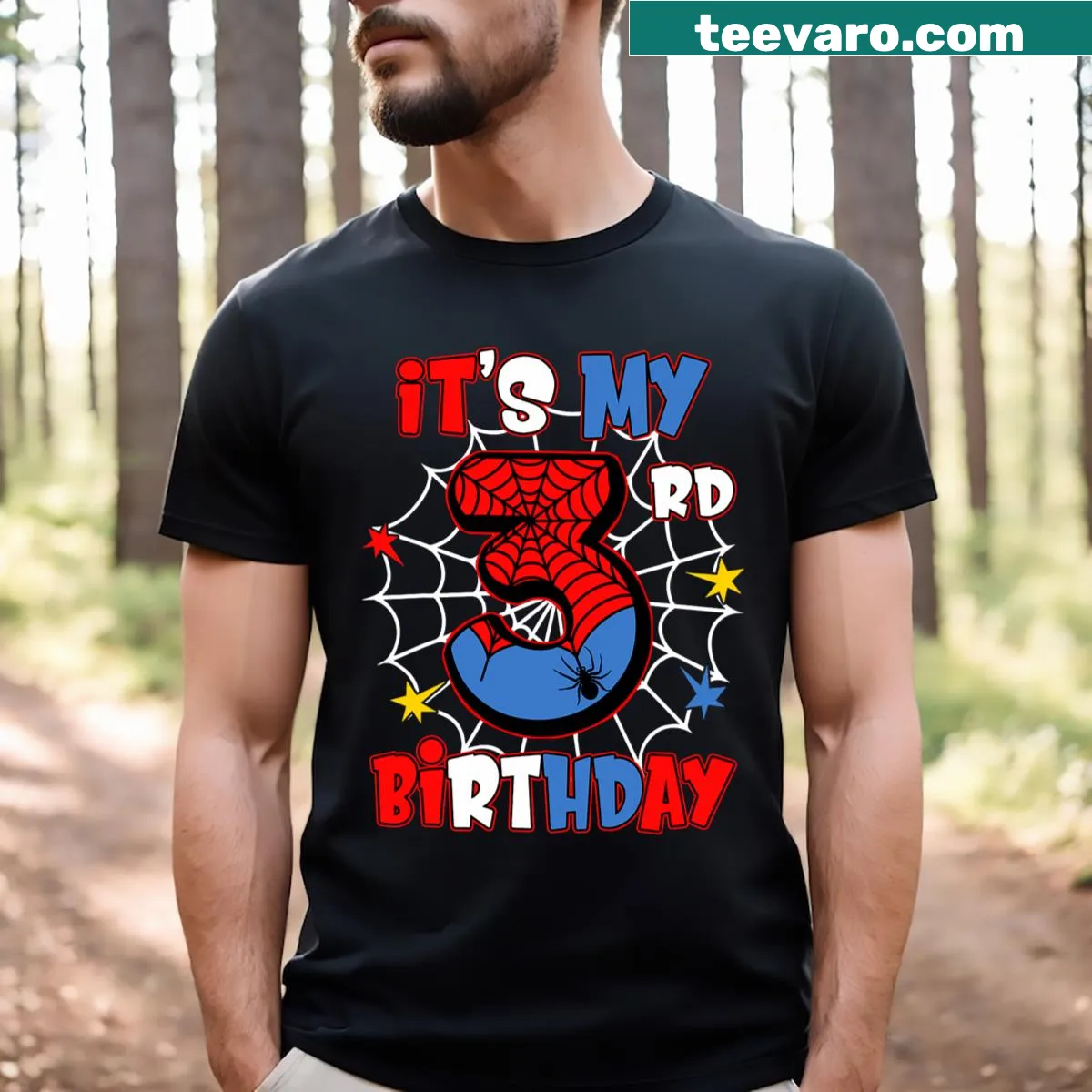 Spider theme 3rd birthday T-shirt for kids — on a men's t-shirt