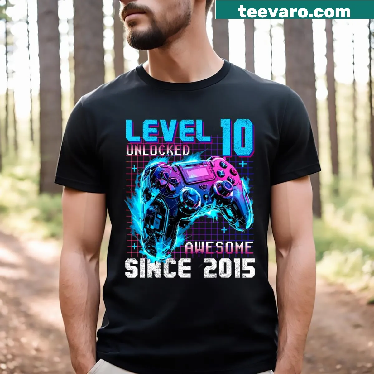10th birthday gaming t-shirt with 'Level 10 Unlocked' text — on a men's t-shirt