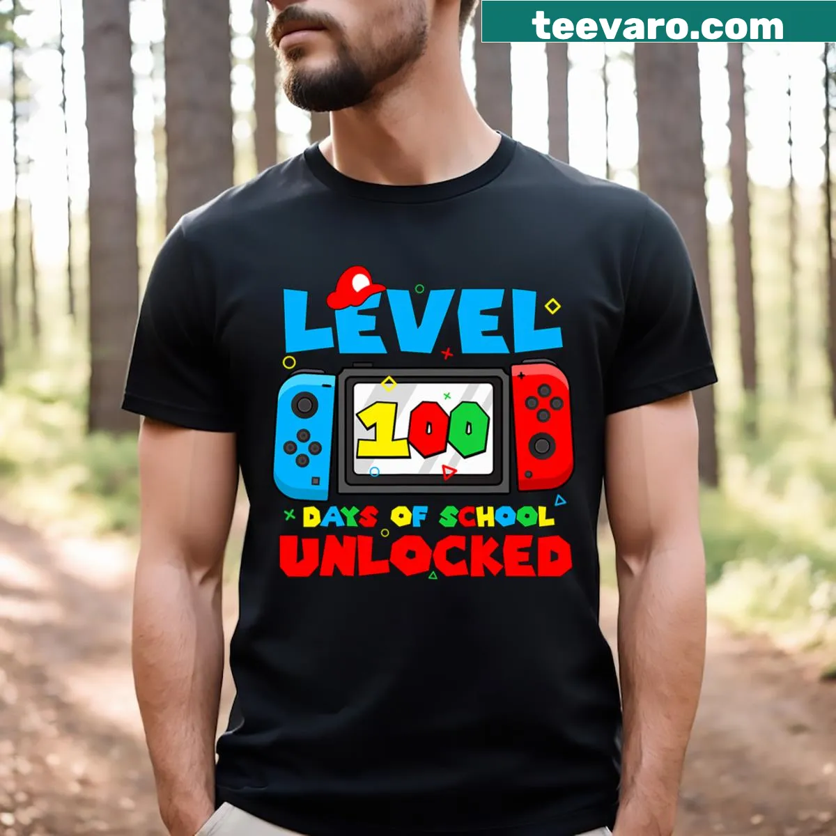 Playful gaming t-shirt featuring 'Level 100 Days Of School Unlocked' text — on a men's t-shirt