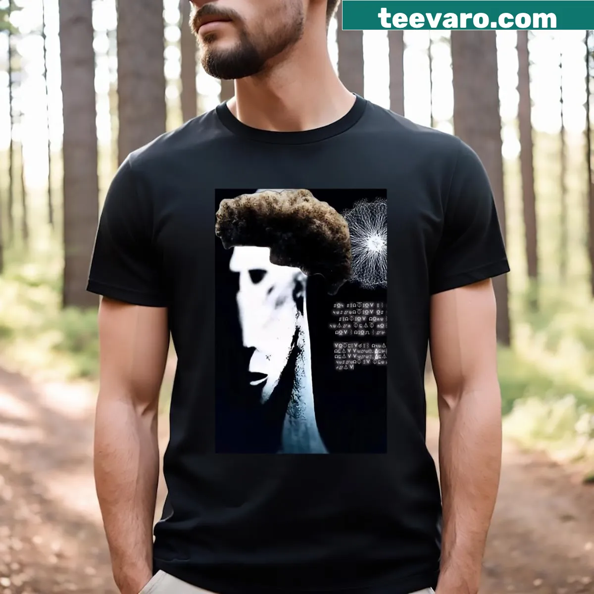 Playful ninja and alien cartoon graphic t-shirt, featuring cartoon-style characters — on a men's t-shirt