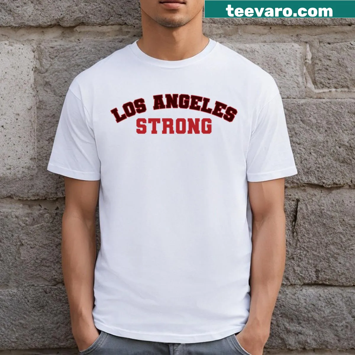 Typographic design featuring the word Strong on an LA T-shirt. — on a men's t-shirt