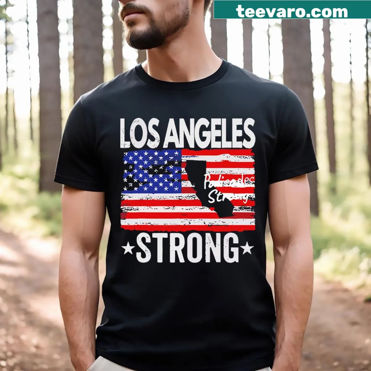 Palisades Strong flag graphic on Los Angeles T-shirt — on a men's t-shirt