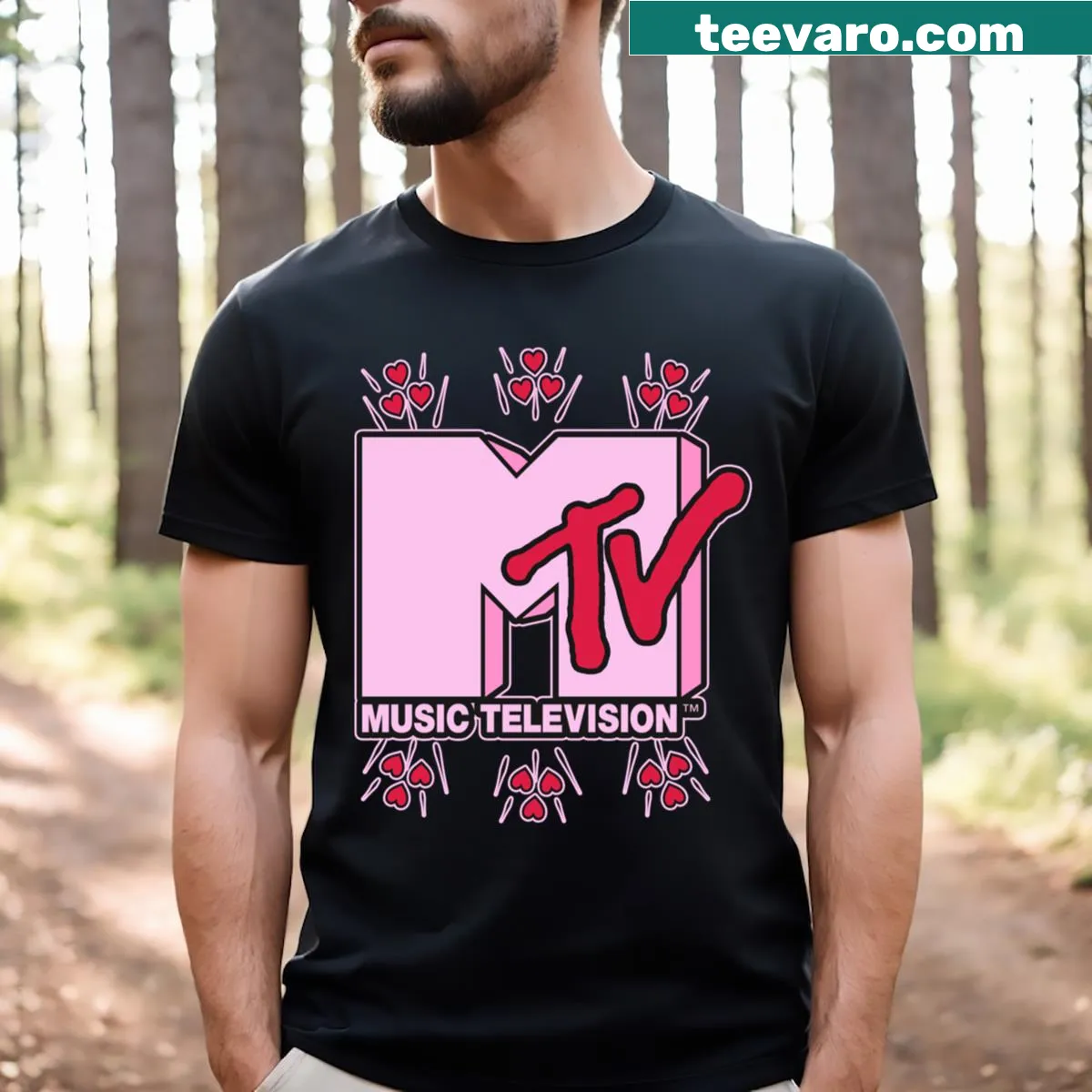 Retro MTV flying hearts logo graphic T-shirt — on a men's t-shirt