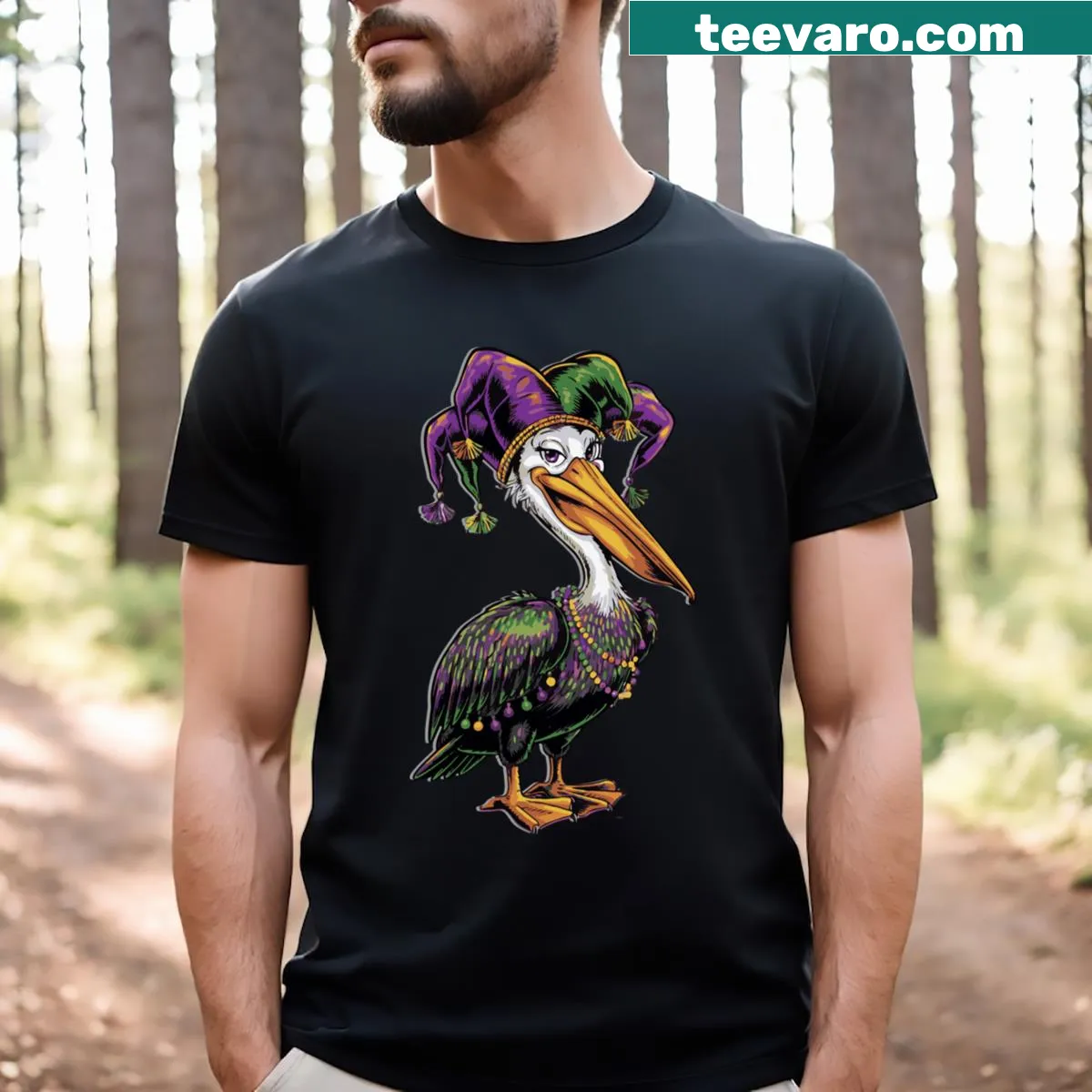 Cartoon pelican graphic on a Mardi Gras T-shirt. — on a men's t-shirt
