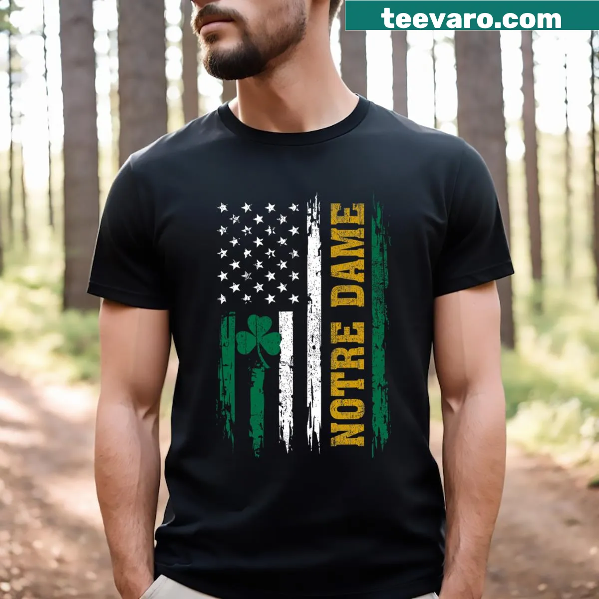 Notre Dame T-shirt with USA flag graphic — on a men's t-shirt