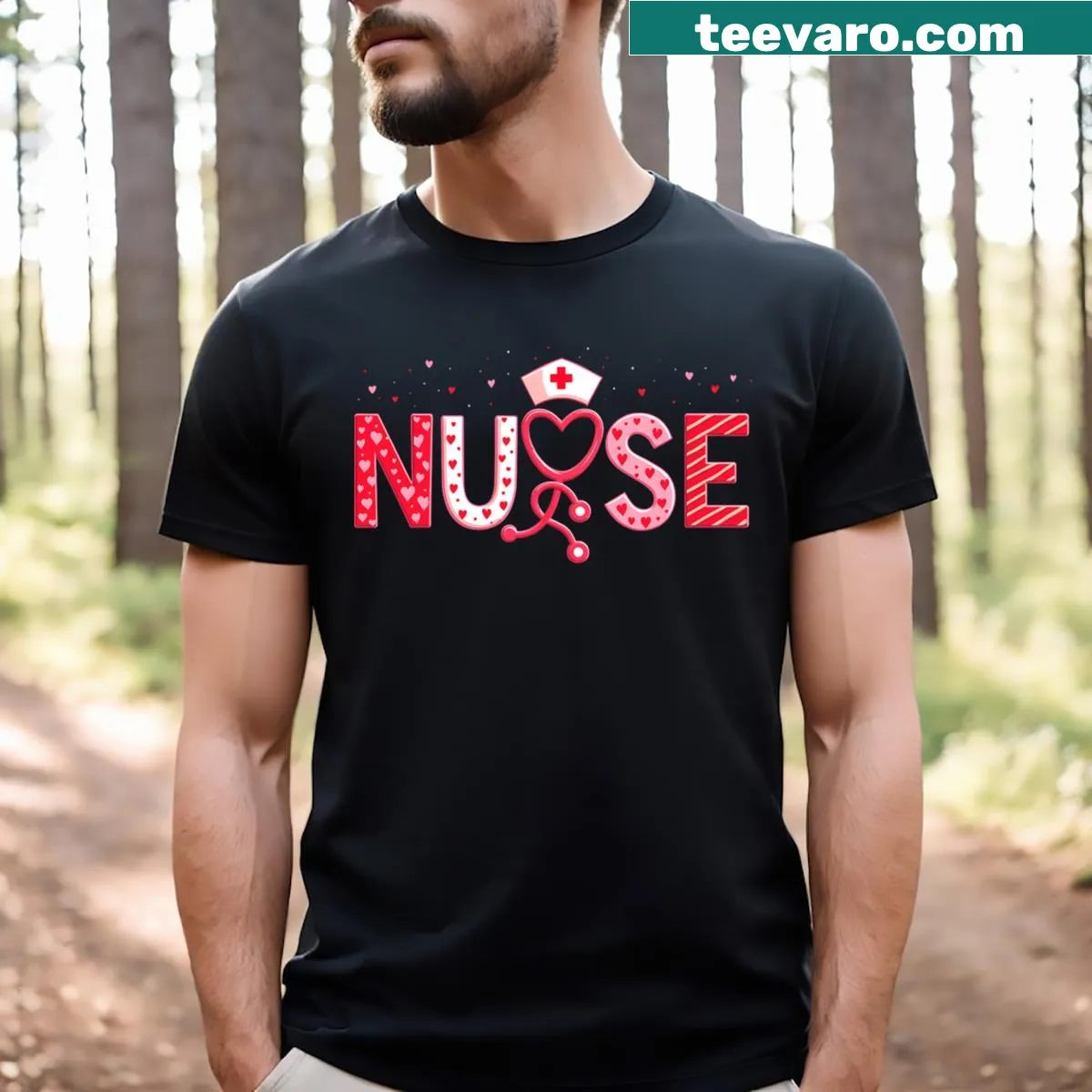 Valentine's Day Nurse T-shirt with humorous nursing phrases — on a men's t-shirt