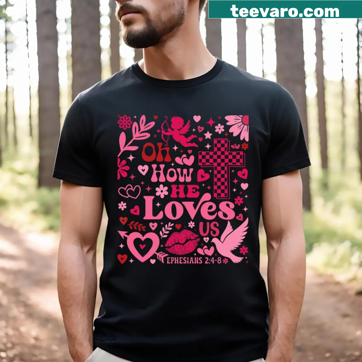 Boho floral design with the phrase 'Oh How He Loves Us' on T-shirt — on a men's t-shirt