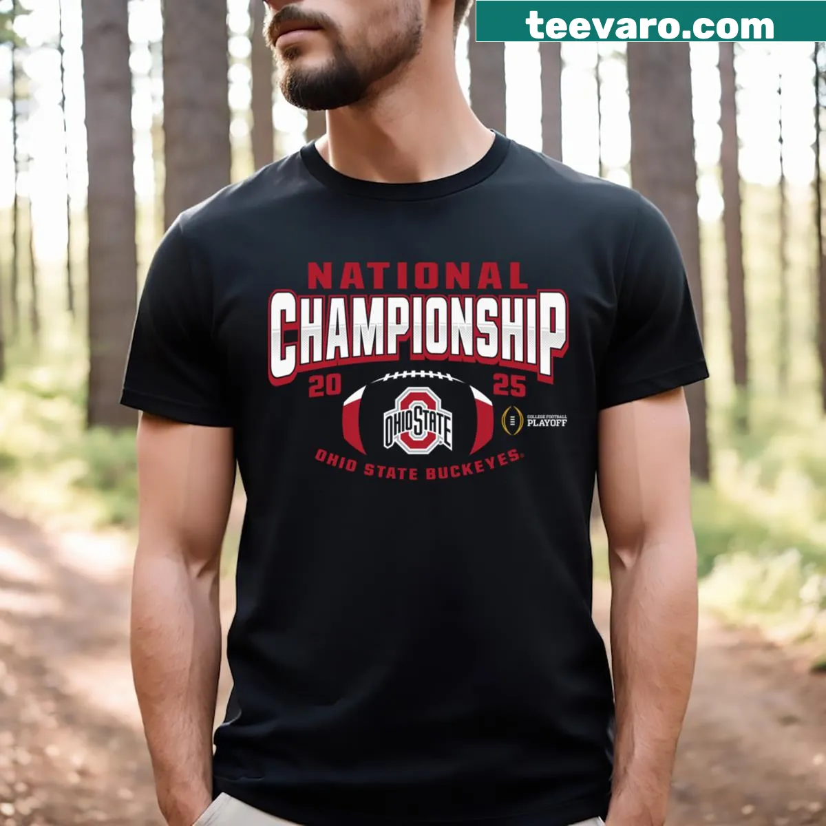Ohio State Buckeyes 2025 National Championship Football T-shirt with logo and year — on a men's t-shirt