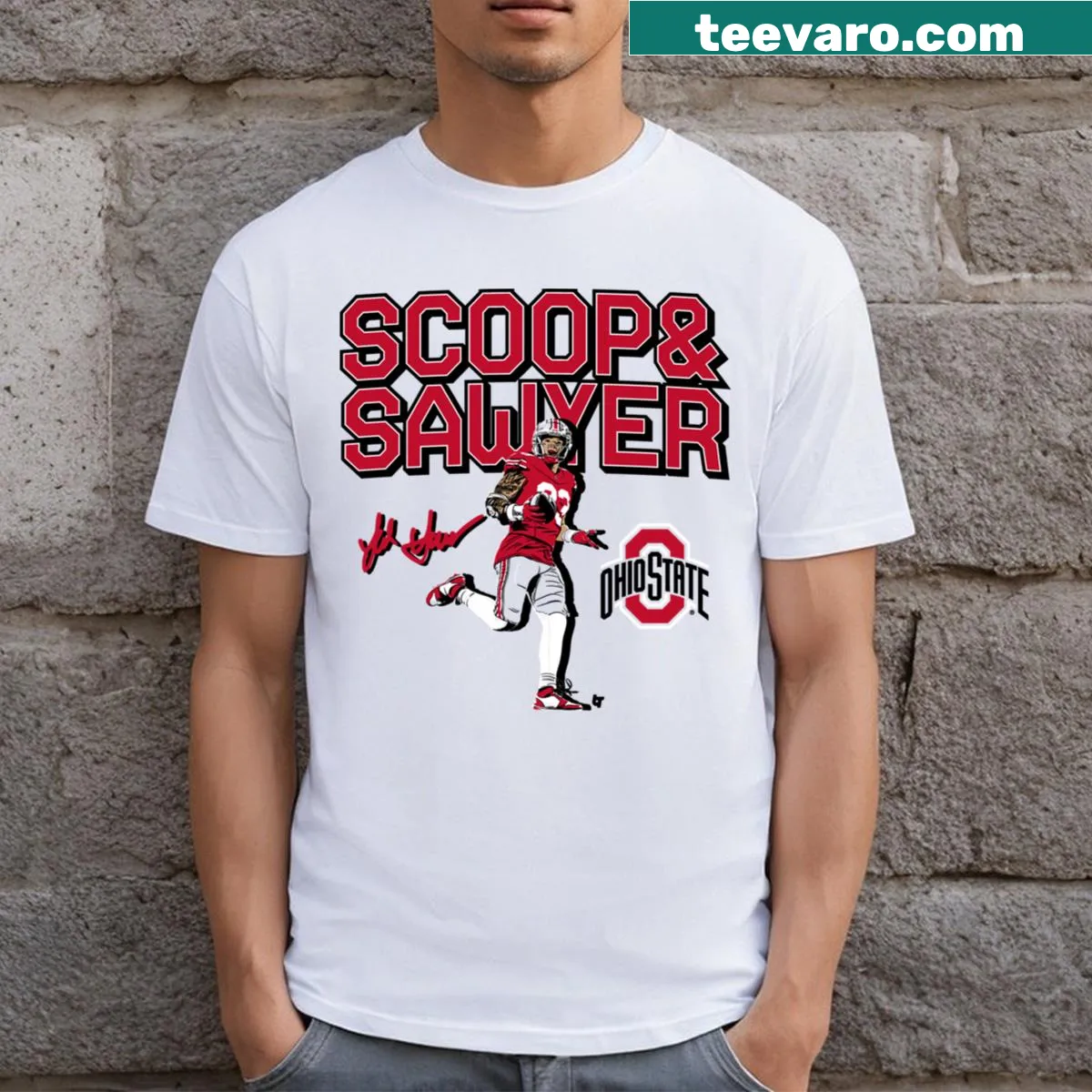 Ohio State Football Jack Sawyer Scoop And Score T-shirt with playful graphic — on a men's t-shirt