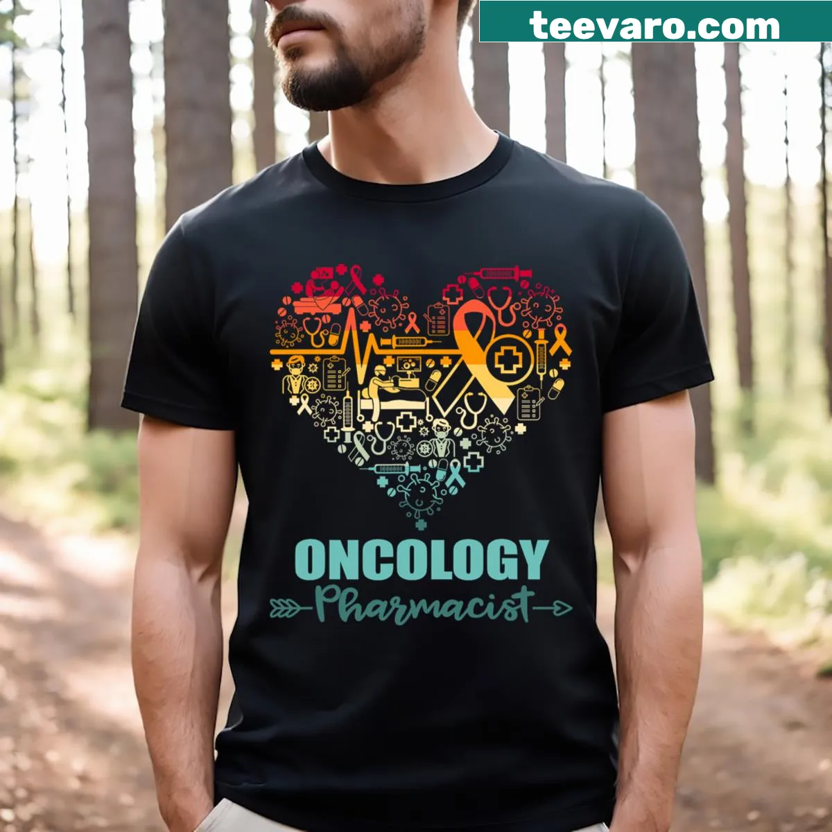 Funny vintage Oncology Pharmacist T-shirt with heart graphic — on a men's t-shirt