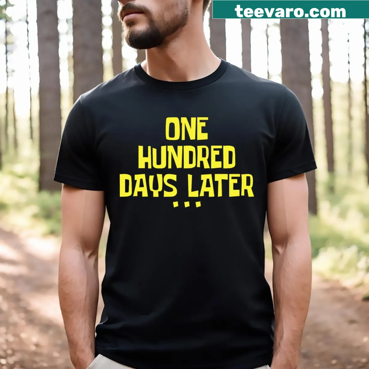 Typographic 100 Days Later t-shirt celebrating school milestones — on a men's t-shirt