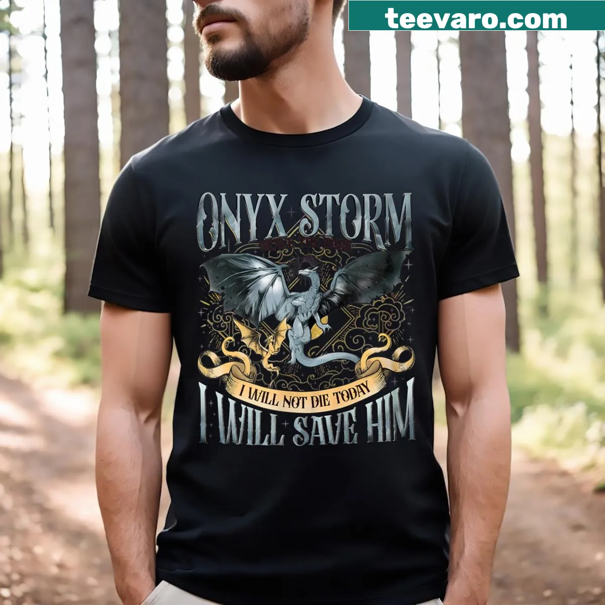 Fantasy-themed t-shirt inspired by Onyx Storm with bold graphics — on a men's t-shirt