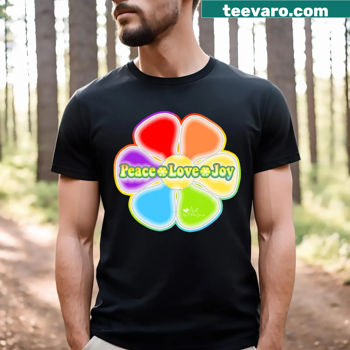 Retro t-shirt with whimsical typography of Peace, Love, Joy and floral motifs — on a men's t-shirt