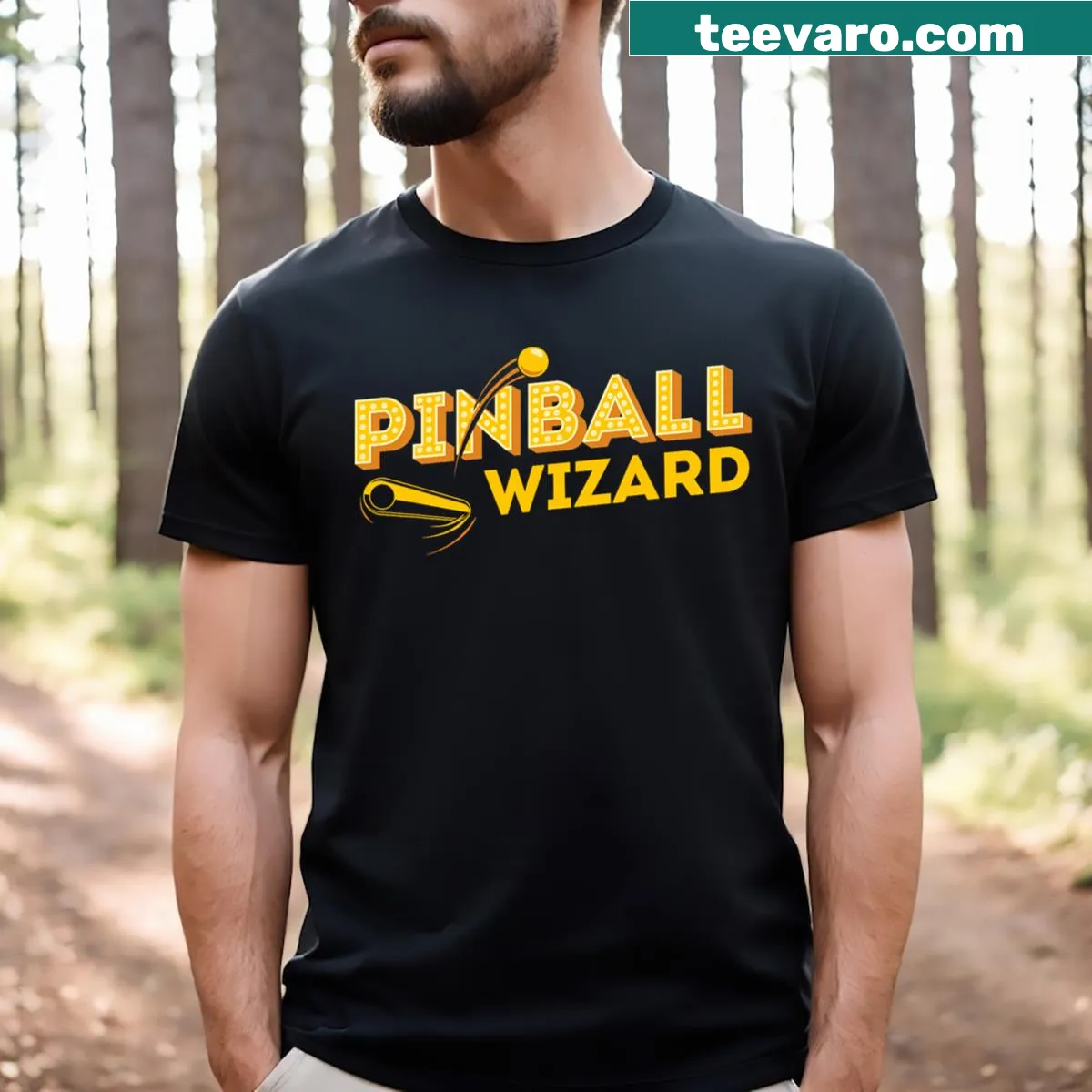 Vintage pinball wizard graphic t-shirt for arcade enthusiasts — on a men's t-shirt