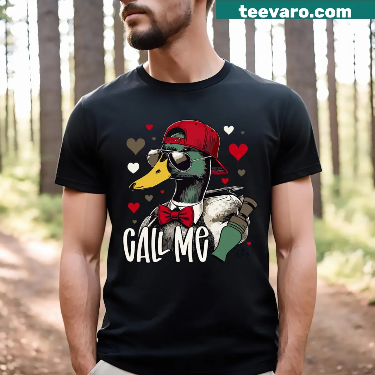Cartoon-style Valentine's Day duck hunting T-shirt — on a men's t-shirt