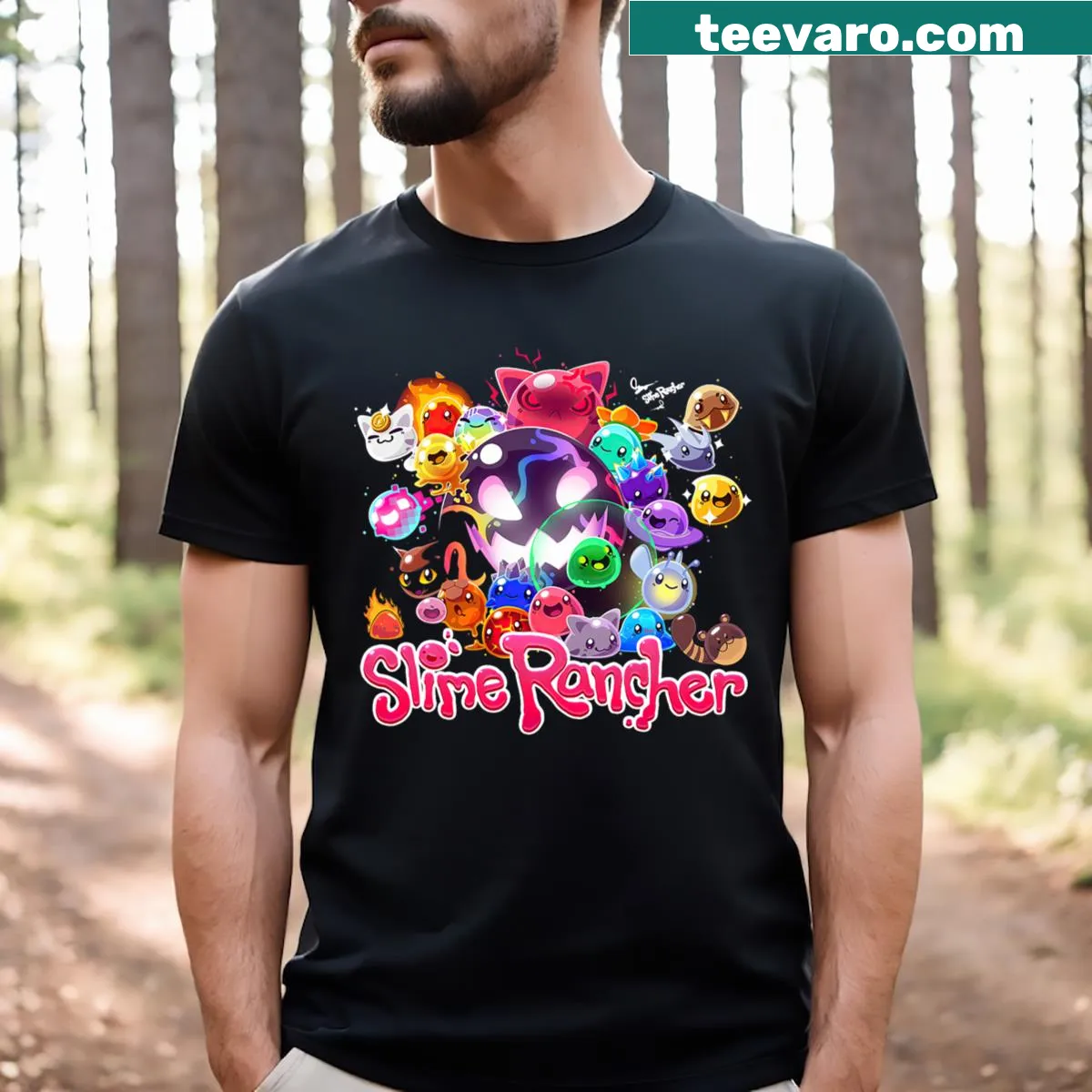 Cartoon graphic T-shirt featuring Slime Rancher characters — on a men's t-shirt